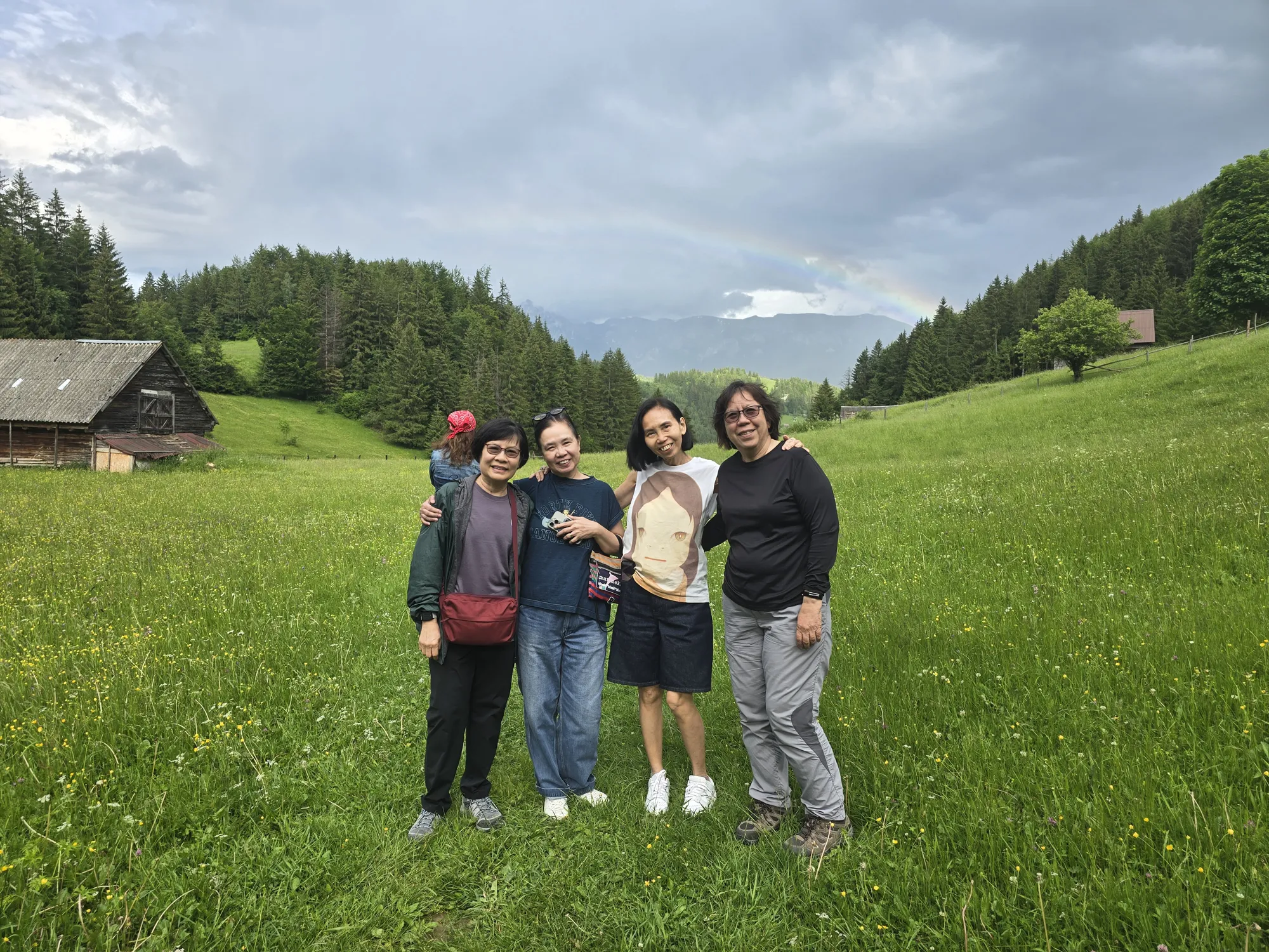 Four travellers standing in a green mountain meadow near Moeciu