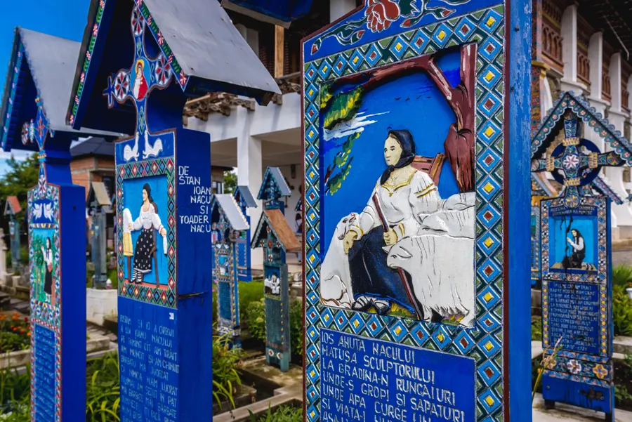 Colourful painted crosses at the Merry Cemetery in Săpânța
