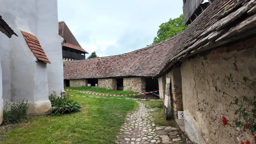 A grassy lawn and village houses in Viscri