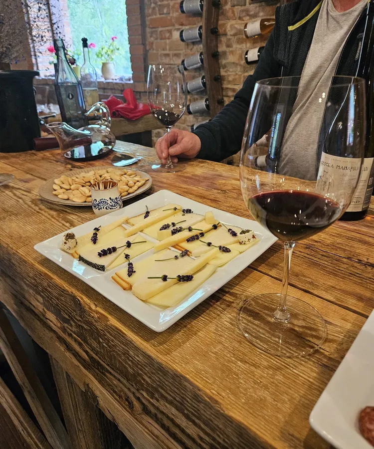 A board of cheese and a glass of red wine at a tasting